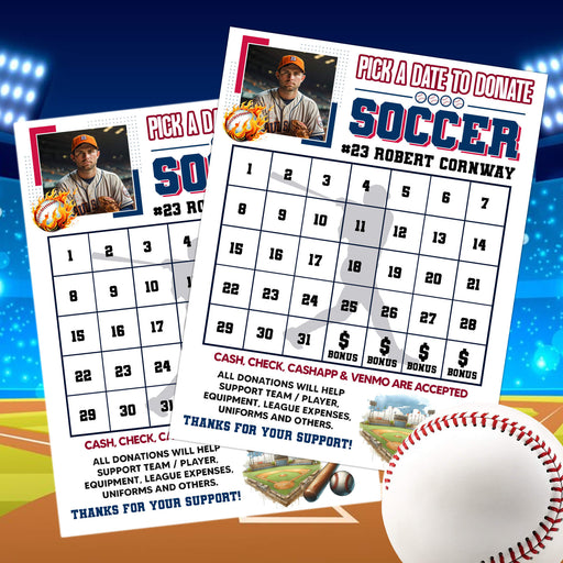 Team Sports Baseball Player Donation Calendar | Pick a Date to Donate Baseball Fundraiser Template