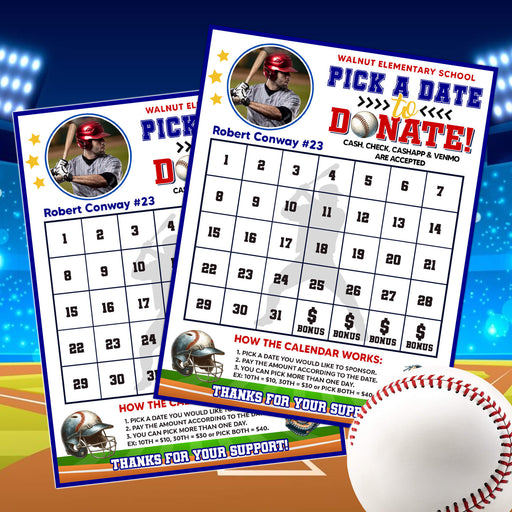 Baseball Fundraising Donation Calendar Template | Sports Fundraiser Pick a Date to Donate
