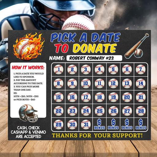 Baseball Fundraiser Donation Calendar Template | Pick a Date to Donate Sports Fundraiser Calendar