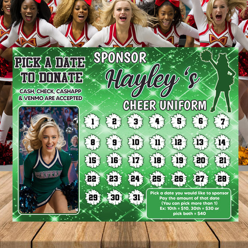 School Cheerleading Squad Fundraising Donation Calendar | Pep Squad Pick a Date to Donate Calendar Template