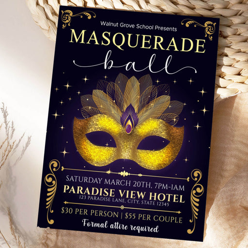 DIY Masquerade Ball Prom Flyer | Masquerade Theme School Prom Invite Template
