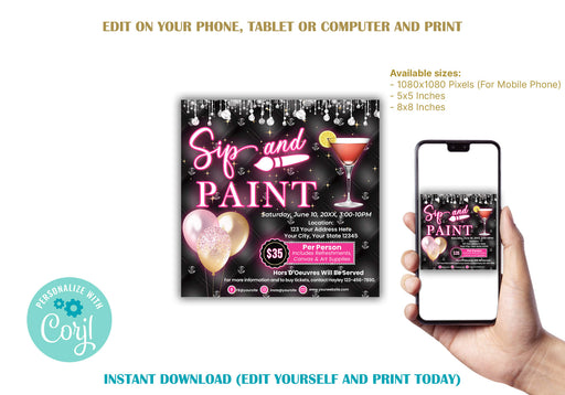 DIY Sip and Paint Party Flyer Invite | Painting Themed Event Invitation Template