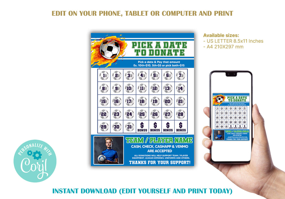 Team Sports Soccer Player Donation Calendar | Pick a Date to Donate Football Fundraiser Template