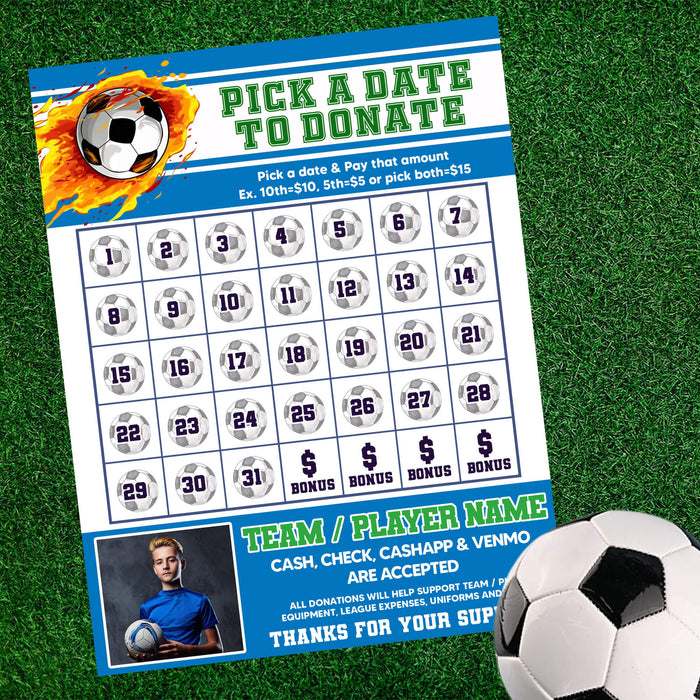 Team Sports Soccer Player Donation Calendar | Pick a Date to Donate Football Fundraiser Template