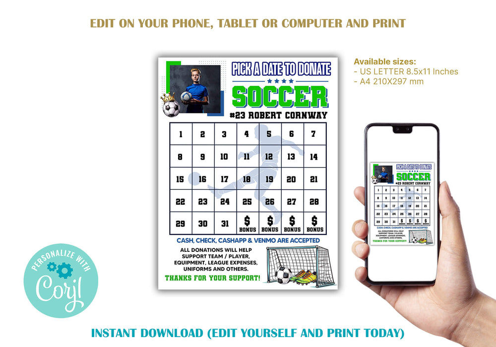 Soccer Football Fundraising Donation Calendar | Sports Fundraiser Pick a Date to Donate Template