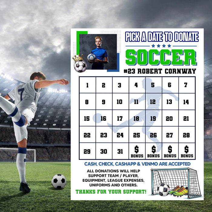 Soccer Football Fundraising Donation Calendar | Sports Fundraiser Pick a Date to Donate Template