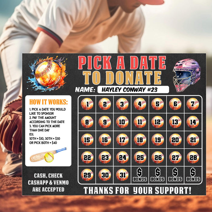 Softball Pick a Date to Donate Fundraising Calendar | Fundraiser Pay The Date Template