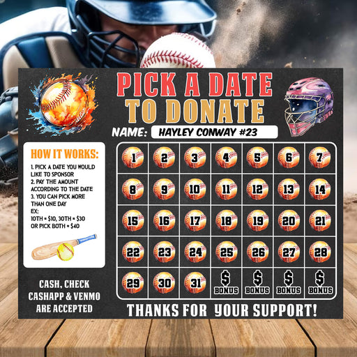 Softball Pick a Date to Donate Fundraising Calendar | Fundraiser Pay The Date Template