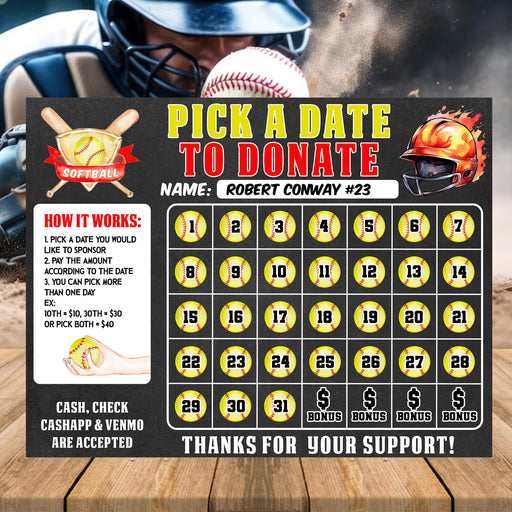 Softball Pick A Date To Donate | Fundraising Donation Calendar Template