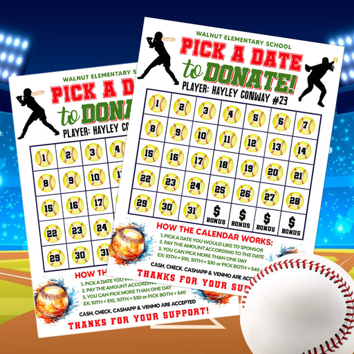 Softball Calendar Fundraiser | Pick a Date to Donate Sports Fundraiser Template