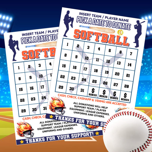 DIY Softball Sports Donation Calendar | Pick a Date to Donate Fundraiser Template