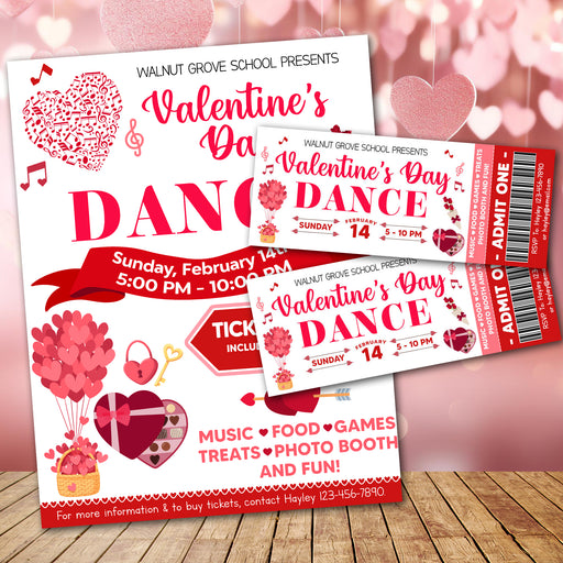 DIY Valentine's Day Dance Flyer and Ticket Bundle | School Valentines Dance Template Set