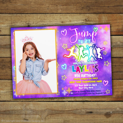 DIY Trampoline Birthday Invitation With Photo | Jump Neon Birthday Party Invite Template