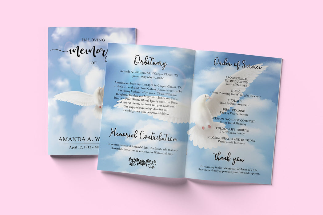 Customizable Blue Sky Funeral Program Template, Editable 4 Page Program for Funeral Print, Printable Funeral Program, Obituary Program Template