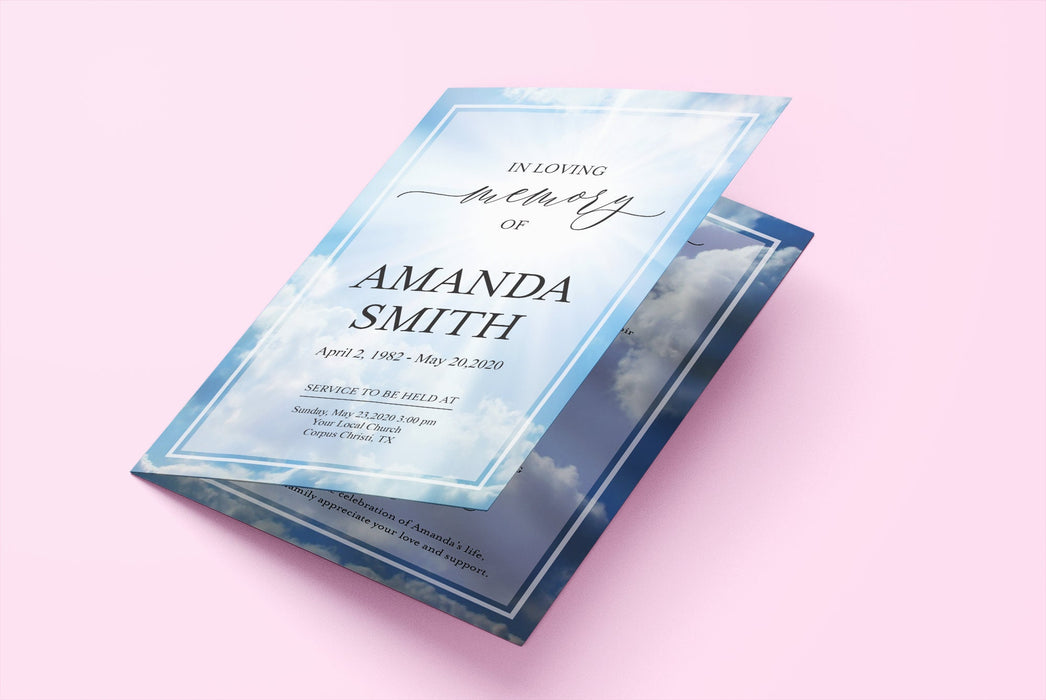 Editable Blue Sky Funeral Brochure, Printable and Downloadable 4 Page Funeral Program