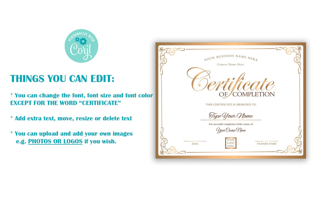 Custom Certificate of Completion Template, Training Course Certificate Template, Gold DIY Template