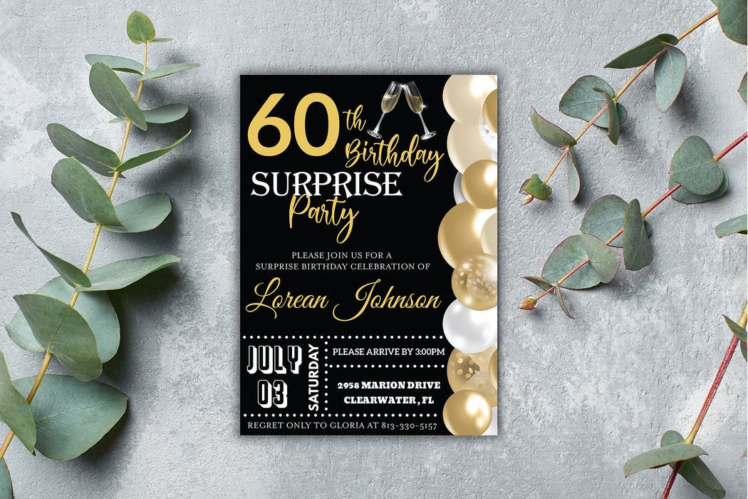 DIY 60th Birthday Invite Black Gold | Any Age Birthday Invitation Template