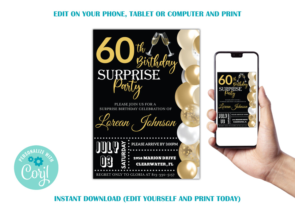 Editable Birthday Invitation Template Black and Gold Birthday 