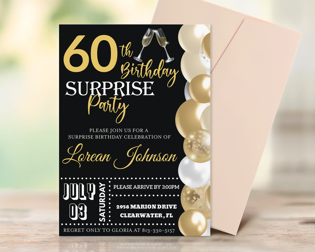 DIY 60th Birthday Invite Black Gold | Any Age Birthday Invitation Template  - Posh Park, image size:1024x819