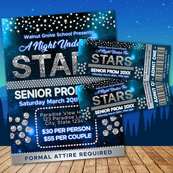 Customizable A Night Under The Stars Prom Invitation Flyer and Ticket Bundle Template | Starry Night School Dance Event