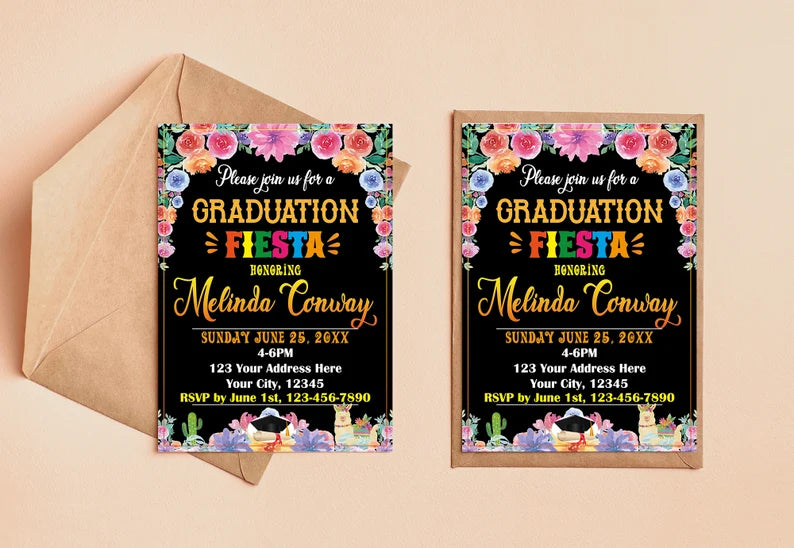 DIY Floral Mexican Graduation Invitation | Black Fiesta Mexican Grad Invite Template
