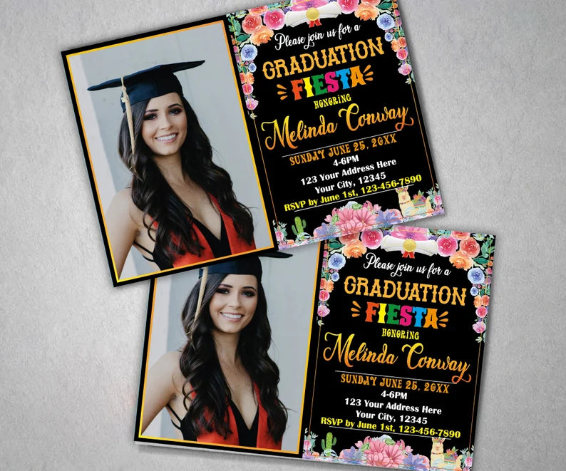 Customizable Fiesta Graduation Party Invitations with Photo | Black Floral Mexican Grad Invite Template - Posh Park Customizable Fiesta Graduation Party Invitations with Photo | Black Floral Mexican Grad Invite Template - Posh Park