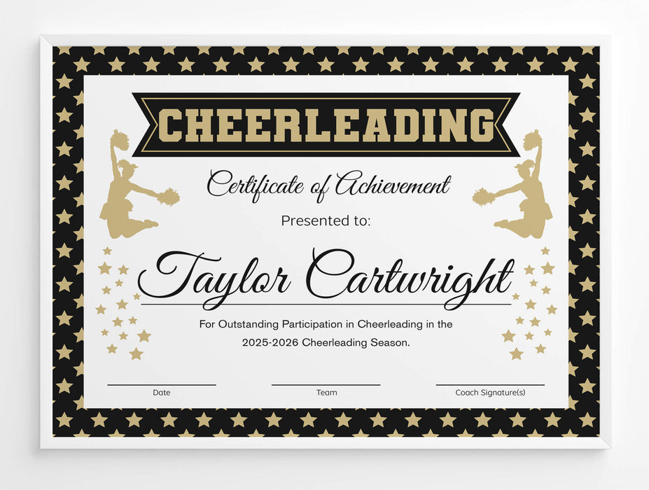 Cheerleading Sport Award Black and Gold Template | Cheerleader Achievement Certificate