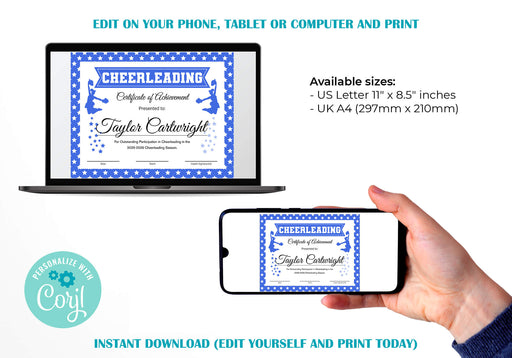 Cheerleader Certificate Royal Blue Template | Cheerleading Sport Award
