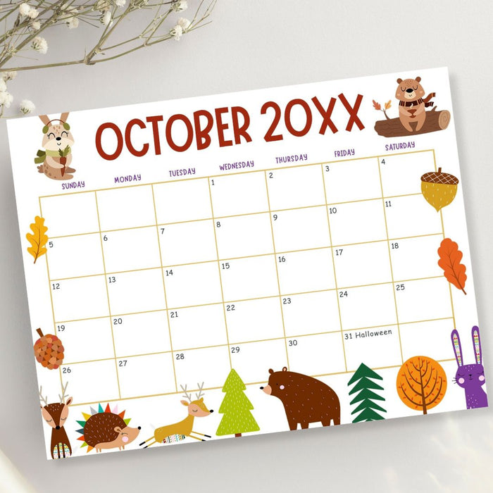 Customizable Autumn Animals October Calendar Planner Template