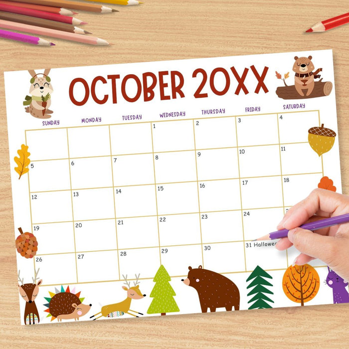 Customizable Autumn Animals October Calendar Planner Template