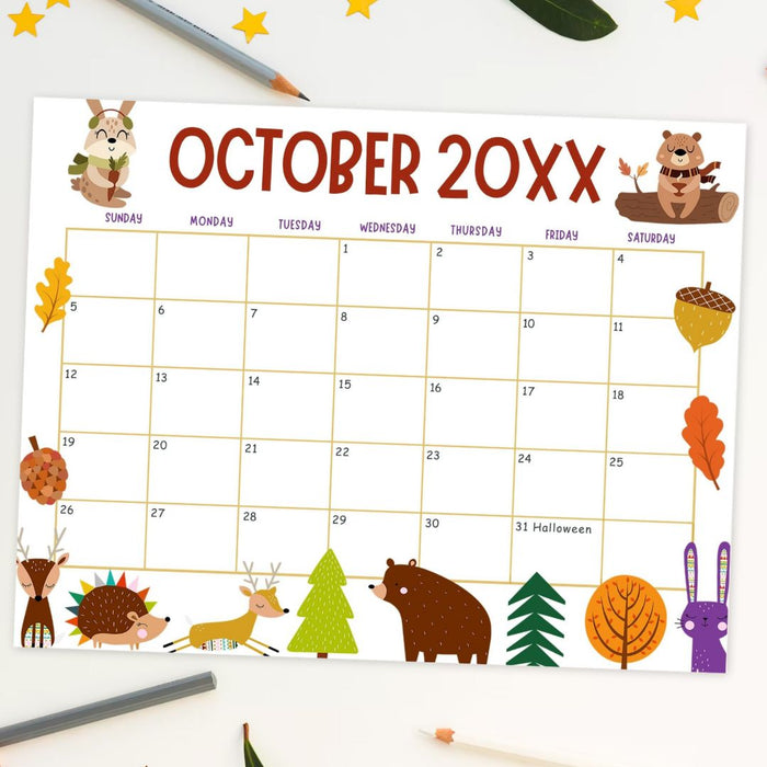 Customizable Autumn Animals October Calendar Planner Template
