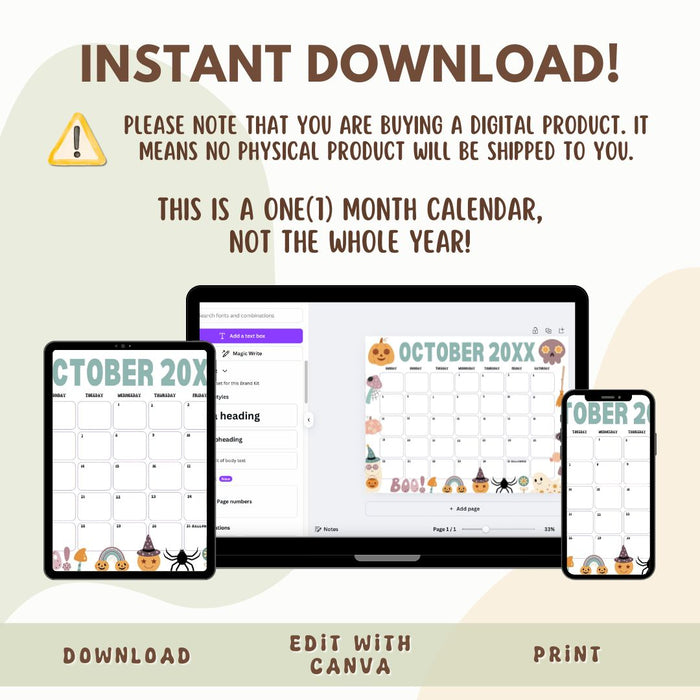 DIY Cute Halloween October Calendar Planner Template