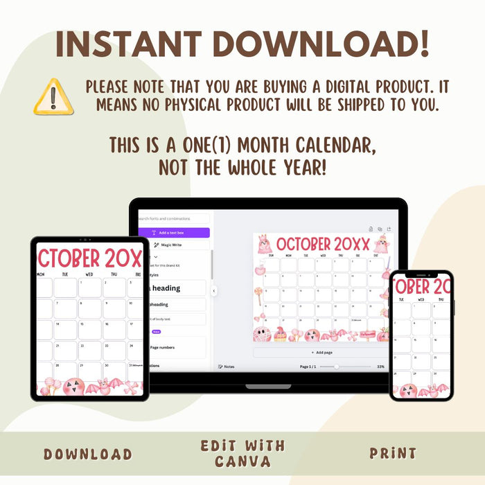 Customizable Digital October Halloween Calendar Planner Template