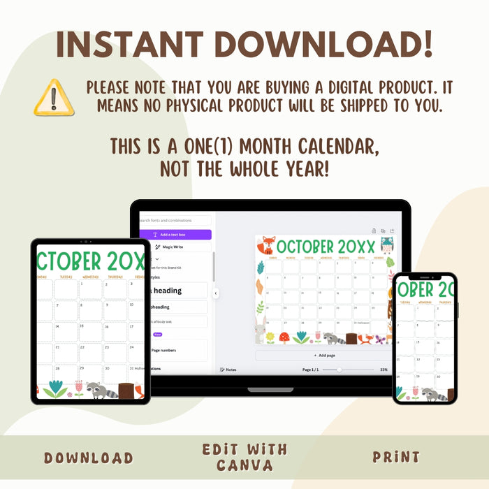 Customizable Fall Colors Animal October Calendar