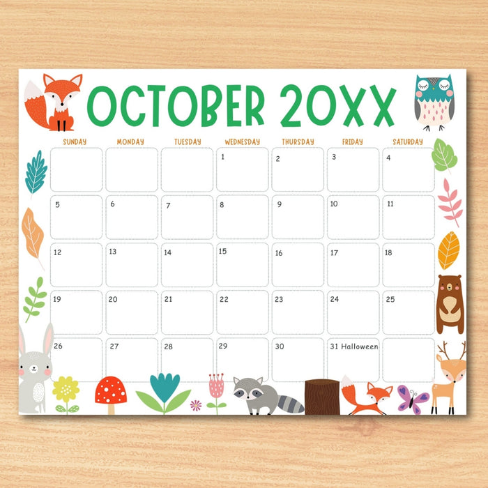 Customizable Fall Colors Animal October Calendar