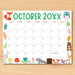 Customizable Fall Colors Animal October Calendar