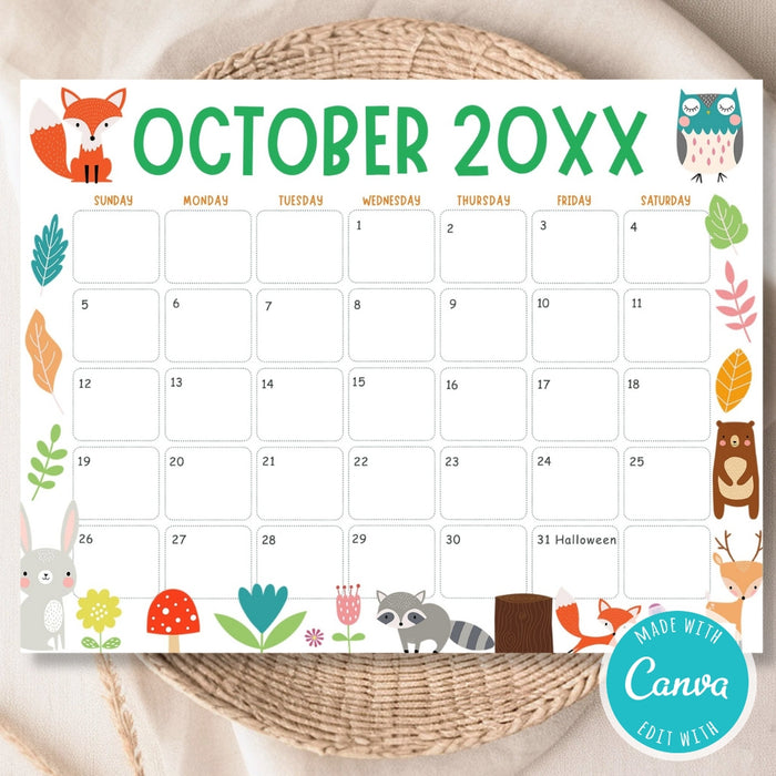 Customizable Fall Colors Animal October Calendar