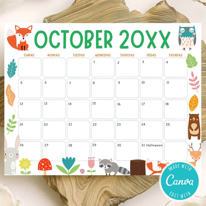Customizable Fall Colors Animal October Calendar