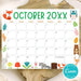 Customizable Fall Colors Animal October Calendar