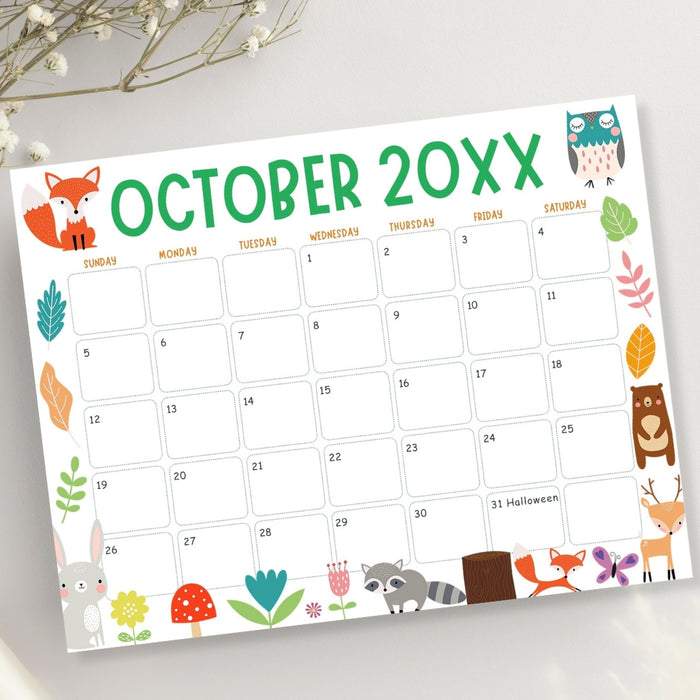Customizable Fall Colors Animal October Calendar