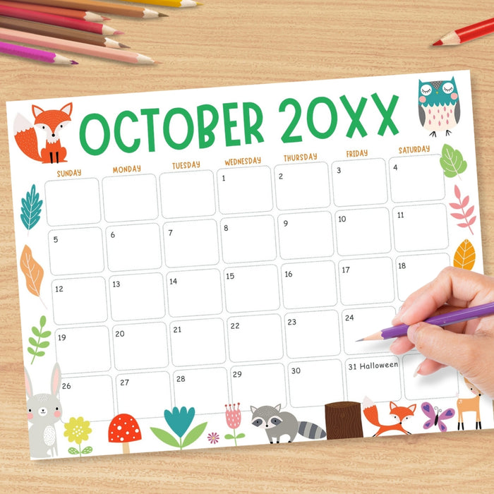 Customizable Fall Colors Animal October Calendar