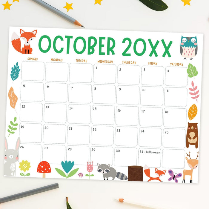 Customizable Fall Colors Animal October Calendar