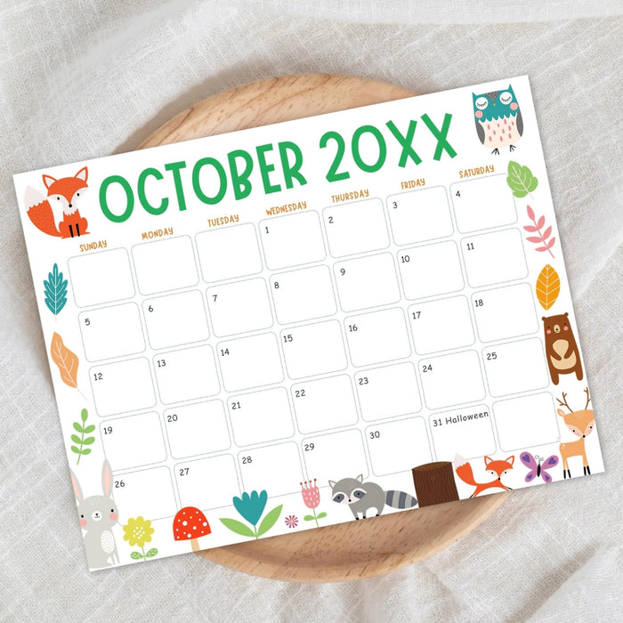 Customizable Fall Colors Animal October Calendar