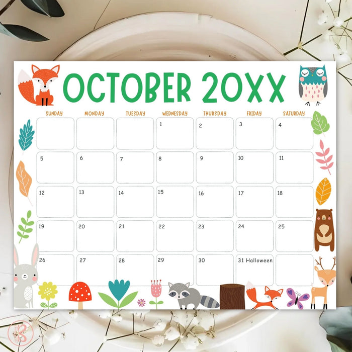 Customizable Fall Colors Animal October Calendar