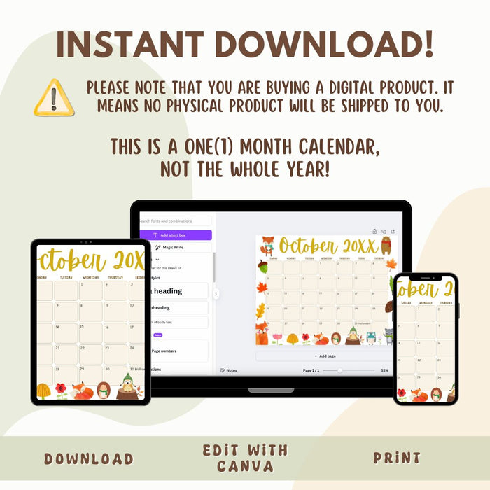 Customizable October Animal Fall Calendar