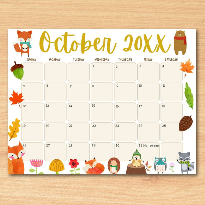 Customizable October Animal Fall Calendar