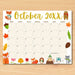 Customizable October Animal Fall Calendar