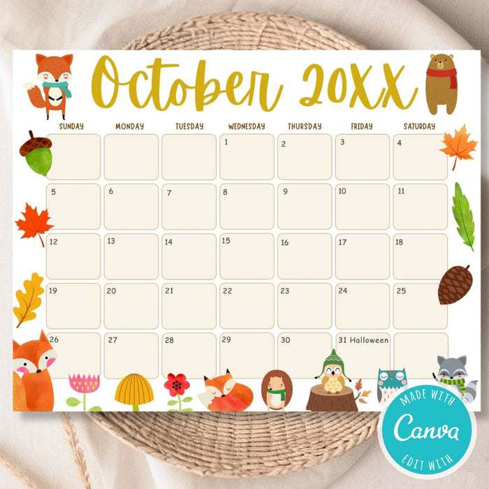 Customizable October Animal Fall Calendar