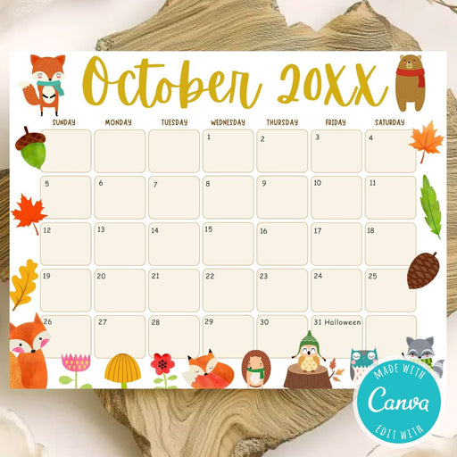 Customizable October Animal Fall Calendar