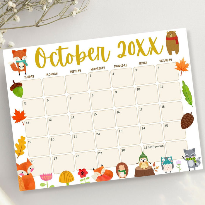 Customizable October Animal Fall Calendar
